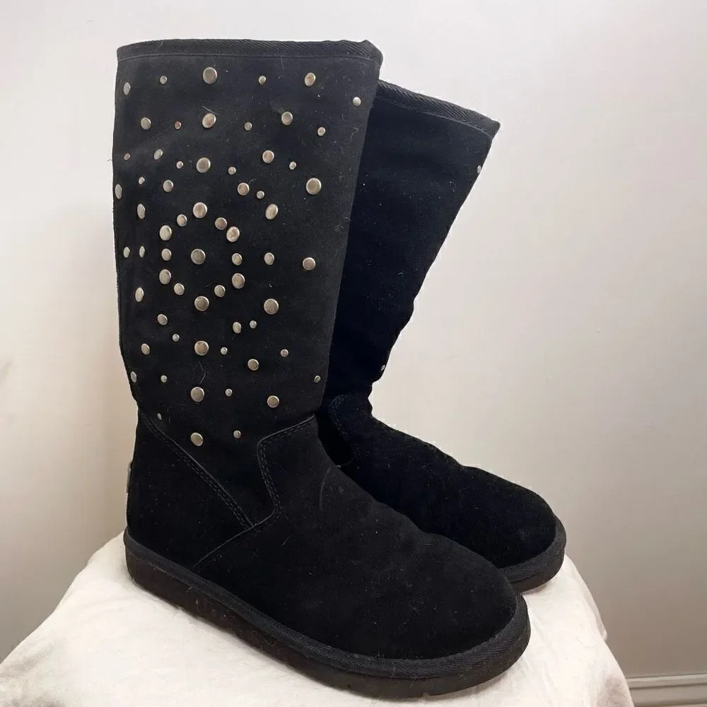 UGG Classic Rock Star Stud Tall Leather Sheepskin Shearling Winter Boots Black 7